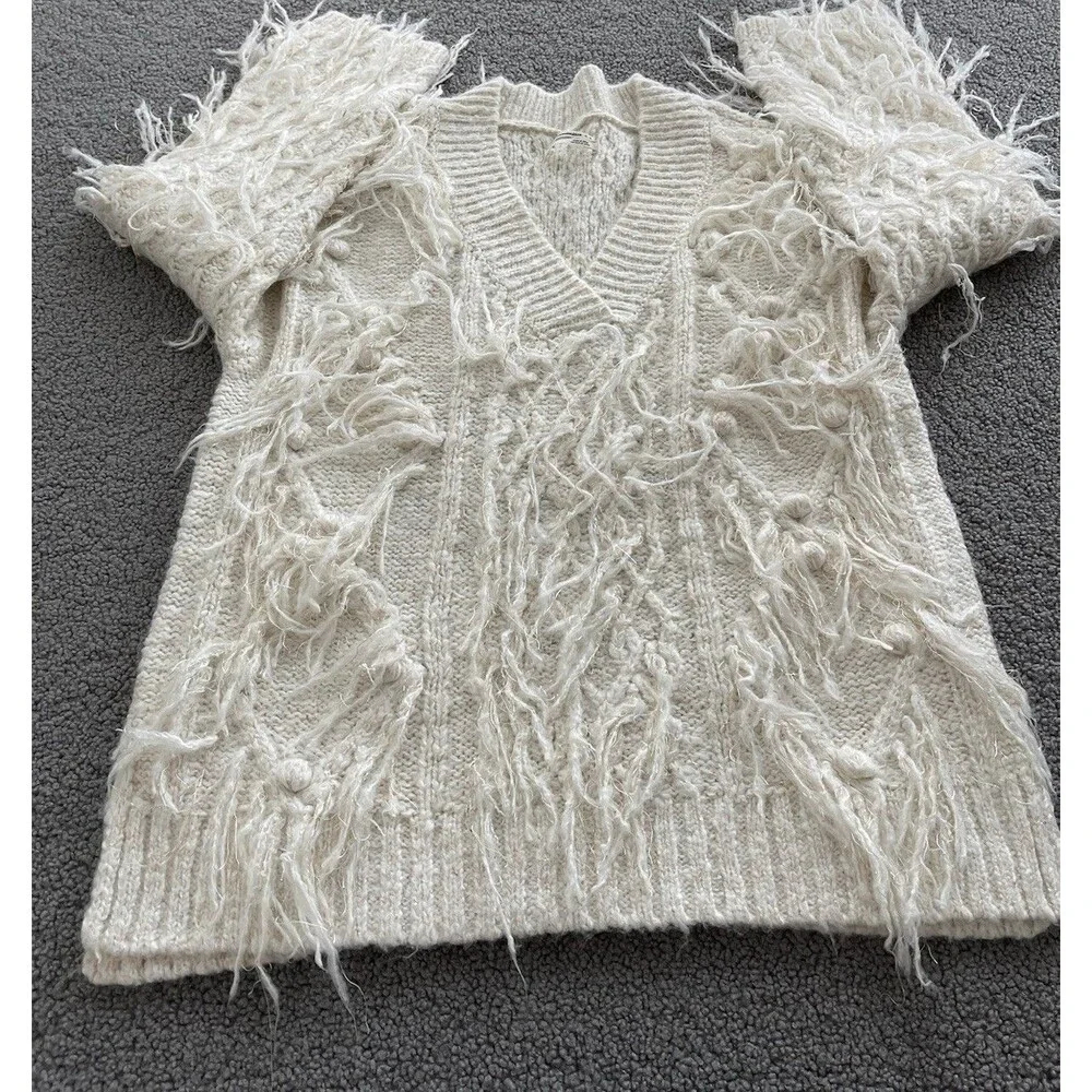 Anthropologie Fringed Boho Pullover Oversized Ivory Preppy Sweater Top Sz M New